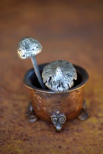 A little silver mushroom in a bronze pot